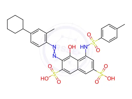 Chemical structure of 3-((4-cyclohexyl-2-methylphenyl)diazenyl)-4-hydroxy-5-((4-methylphenyl)sulfonamido)naphthalene-2,7-disulfonic acid