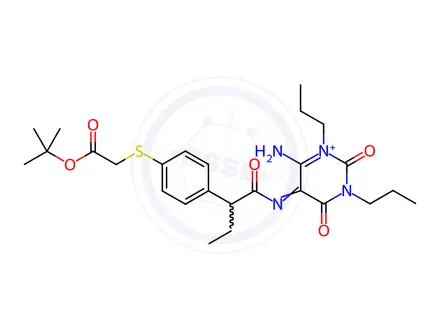 Chemical structure of Acetic acid, [[4-[1-[[(6-amino-1,2,3,4-tetrahydro-2,4-dioxo-1,3-dipropyl-5-pyrimidinyl)amino]carbonyl]propyl]phenyl]thio]-, 1,1-dimethylethyl ester (9CI)