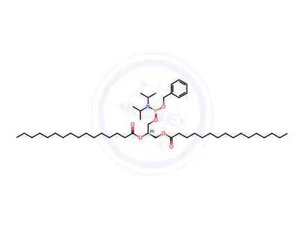 Chemical structure of Hexadecanoic acid, (1R)-1-bis(1-methylethyl)amino(phenylmethoxy)phosphinooxymethyl-1,2-ethanediyl ester