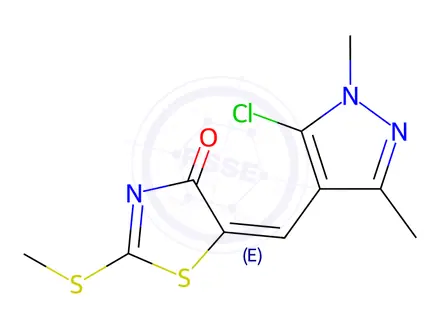 Chemical structure of (5E)-5-[(5-Chloro-1,3-dimethyl-1H-pyrazol-4-yl)methylidene]-2-(methylsulfanyl)-4,5-dihydro-1,3-thiazol-4-one