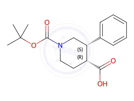 Chemical structure of (3S,4R)-1-(tert-butoxycarbonyl)-3-phenylpiperidine-4-carboxylic acid