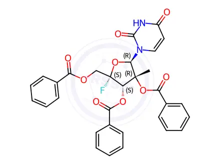 Chemical structure of Uridine, 4'-C-fluoro-2'-C-methyl-, 2',3',5'-tribenzoate