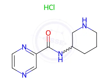 Chemical structure of Pyrazine-2-carboxylic acid piperidin-3-ylaMide hydrochloride, 98+% C10H15ClN4O, MW: 242.71