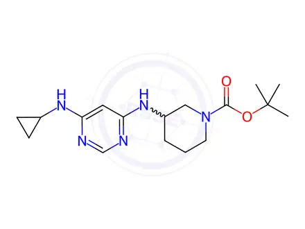 Chemical structure of 3-(6-CyclopropylaMino-pyriMidin-4-ylaMino)-piperidine-1-carboxylic acid tert-butyl ester