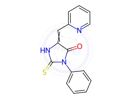 Chemical structure of (5E)-2-Mercapto-3-phenyl-5-(pyridin-2-ylmethylene)-3,5-dihydro-4H-imidazol-4-one