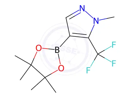 Chemical structure of 1-methyl-4-(4,4,5,5-tetramethyl-1,3,2-dioxaborolan-2-yl)-5-(trifluoromethyl)-1H-pyrazole