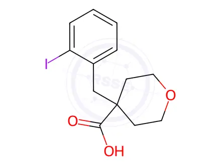 Chemical structure of 4-(2-Iodobenzyl)tetrahydro-2H-pyran-4-carboxylic acid