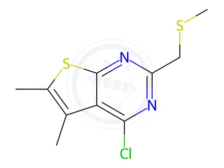 Chemical structure of 4-chloro-5,6-dimethyl-2-[(methylsulfanyl)methyl]thieno[2,3-d]pyrimidine