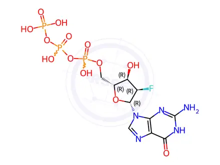 Chemical structure of [[(2R,3R,4R,5R)-5-(2-amino-6-oxo-1H-purin-9-yl)-4-fluoro-3-hydroxy-tetrahydrofuran-2-yl]methoxy-hydroxy-phosphoryl] phosphono hydrogen phosphate
