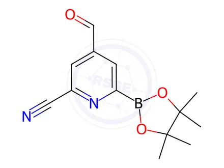 Chemical structure of 4-Formyl-6-(4,4,5,5-tetramethyl-1,3,2-dioxaborolan-2-yl)picolinonitrile