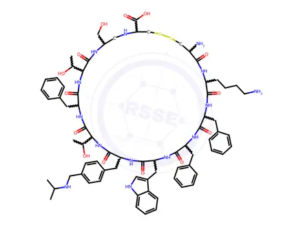 Chemical structure of (4R,7S,10S,13S,16S,19S,22R,25S,28S,31S,34R)-22-((1H-Indol-3-yl)methyl)-34-amino-31-(4-aminobutyl)-13,25,28-tribenzyl-10,16-bis((R)-1-hydroxyethyl)-7-(hydroxymethyl)-19-(4-((isopropylamino)methyl)benzyl)-6,9,12,15,18,21,24,27,30,33-decaoxo-1,2-dithia-5,8,11,14,17,20,23,26,29,32-decaazacyclopentatriacontane-4-carboxylic Acid