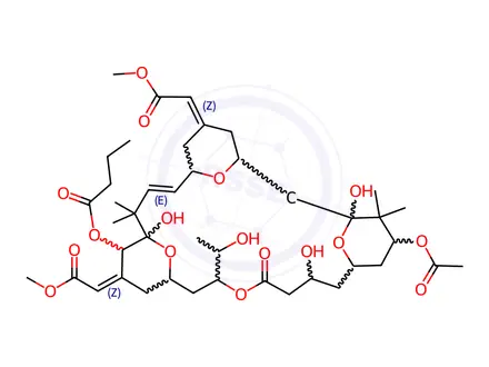 Chemical structure of Butanoic acid, (1S,3S,5Z,7R,8E,11S,12S,13E,15S,17R,21R,23R,25S)-25-(acetyloxy)-1,11,21-trihydroxy-17-(1R)-1-hydroxyethyl-5,13-bis(2-methoxy-2-oxoethylidene)-10,10,26,26-tetramethyl-19-oxo-18,27,28,29-tetraoxatetracyclo21.3.1.13,7.111,15nonacos-8-en-12-yl