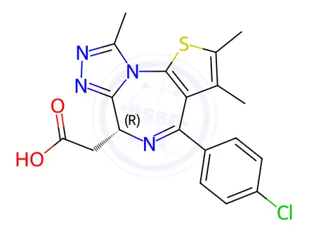 Chemical structure of 6H-Thieno[3,2-f][1,2,4]triazolo[4,3-a][1,4]diazepine-6-acetic acid, 4-(4-chlorophenyl)-2,3,9-triMethyl-, (6R)-
