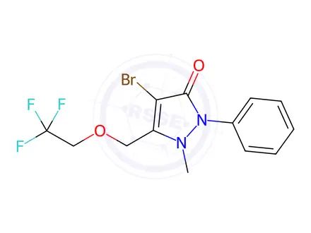 Chemical structure of 4-Bromo-1-methyl-2-phenyl-5-[(2,2,2-trifluoroethoxy)methyl]-1,2-dihydro-3H-pyrazol-3-one