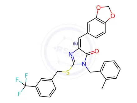 Chemical structure of (4E)-4-[(2H-1,3-Benzodioxol-5-yl)methylidene]-1-[(2-methylphenyl)methyl]-2-({[3-(trifluoromethyl)phenyl]methyl}sulfanyl)-4,5-dihydro-1H-imidazol-5-one
