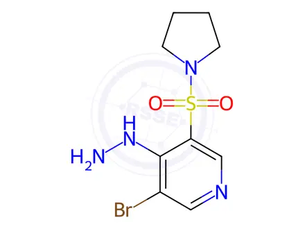 Chemical structure of 3-Bromo-4-hydrazinyl-5-(pyrrolidin-1-ylsulfonyl)pyridine