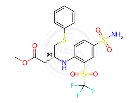 Chemical structure of Butanoic acid, 3-[[4-(aminosulfonyl)-2-[(trifluoromethyl)sulfonyl]phenyl]amino]-4-(phenylthio)-, methyl ester, (3R)-