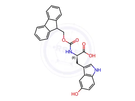 Chemical structure of (R)-2-((((9H-fluoren-9-yl)methoxy)carbonyl)amino)-3-(5-hydroxy-1H-indol-3-yl)propanoic acid