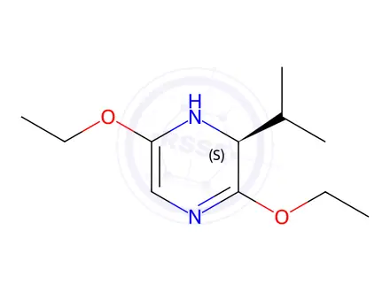 Chemical structure of Pyrazine, 3,6-diethoxy-1,2-dihydro-2-(1-methylethyl)-, (S)-(9CI)