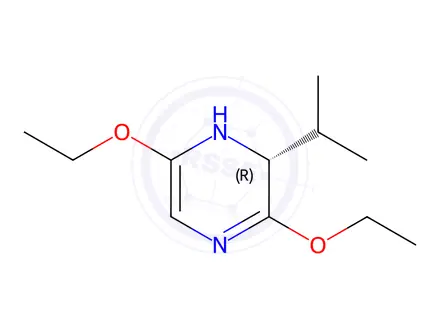 Chemical structure of Pyrazine, 3,6-diethoxy-1,2-dihydro-2-(1-methylethyl)-, (R)-(9CI)