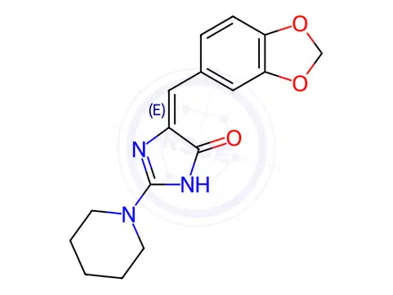 Chemical structure of (4E)-4-[(2H-1,3-Benzodioxol-5-yl)methylidene]-2-(piperidin-1-yl)-4,5-dihydro-1H-imidazol-5-one