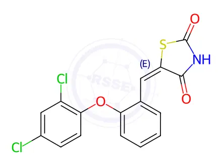 Chemical structure of (5E)-5-{[2-(2,4-dichlorophenoxy)phenyl]methylidene}-1,3-thiazolidine-2,4-dione