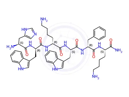 Chemical structure of (D-Lys3)-GHRP-6 H-His-D-Trp-D-Lys-Trp-D-Phe-Lys-NH2