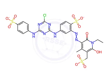 Chemical structure of 4-[4-Chloro-6-(4-sulfoanilino)-1,3,5-triazin-2-ylamino]-2-(1-ethyl-2-hydroxy-4-methyl-6-oxo-5-sulfomethyl-1,6-dihydropyridin-3-ylazo)benzenesulfonic acid trisodium salt