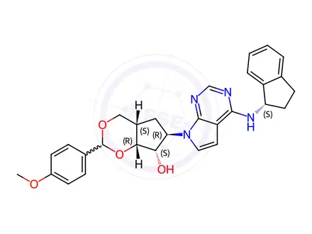 Chemical structure of (4aS,6R,7S,7aR)-6-[4-[[(1S)-2,3-Dihydro-1H-inden-1-yl]amino]-7H-pyrrolo[2,3-d]pyrimidin-7-yl]hexahydro-2-(4-methoxyphenyl)-cyclopenta-1,3-dioxin-7-ol