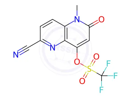 Chemical structure of Methanesulfonic acid, 1,1,1-trifluoro-, 6-cyano-1,2-dihydro-1-methyl-2-oxo-1,5-naphthyridin-4-yl ester