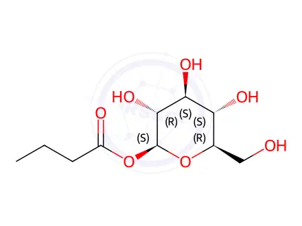 Chemical structure of (2S,3R,4S,5S,6R)-3,4,5-trihydroxy-6-(hydroxymethyl)tetrahydro-2H-pyran-2-yl butyrate