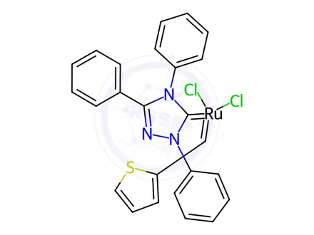 Chemical structure of Tricyclohexylphosphine[2,4-dihydro-2,4,5-triphenyl-3H-1,2,4-triazol-3-ylidene][2-thienylmethylene]ruthenium(II) dichloride, min. 95%