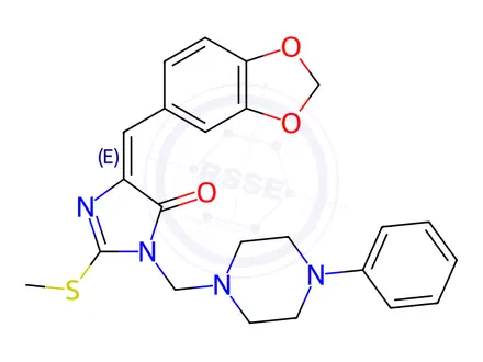 Chemical structure of (4E)-4-[(2H-1,3-Benzodioxol-5-yl)methylidene]-2-(methylsulfanyl)-1-[(4-phenylpiperazin-1-yl)methyl]-4,5-dihydro-1H-imidazol-5-one