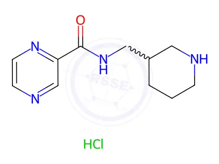 Chemical structure of Pyrazine-2-carboxylic acid (piperidin-3-ylMethyl)-aMide hydrochloride, 98+% C11H17ClN4O, MW: 256.73