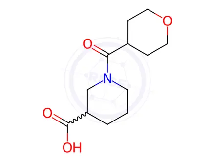 Chemical structure of 1-(Tetrahydro-2H-pyran-4-ylcarbonyl)-3-piperidinecarboxylic acid