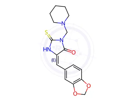 Chemical structure of (5E)-5-[(2H-1,3-Benzodioxol-5-yl)methylidene]-3-[(piperidin-1-yl)methyl]-2-sulfanylideneimidazolidin-4-one