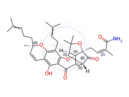 Chemical structure of (Z)-4-((1S,3aR,5S,11R,14aS)-8-Hydroxy-2,2,11-trimethyl-13-(3-methylbut-2-en-1-yl)-11-(4-methylpent-3-en-1-yl)-4,7-dioxo-2,3a,4,5,7,11-hexahydro-1H-1,5-methanofuro[3,2-g]pyrano[3,2-b]xanthen-3a-yl)-2-methylbut-2-enamide