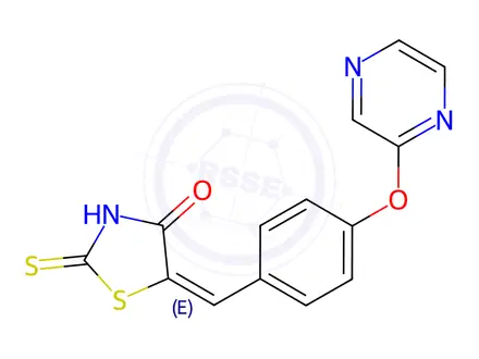 Chemical structure of (5E)-5-{[4-(pyrazin-2-yloxy)phenyl]methylidene}-2-sulfanylidene-1,3-thiazolidin-4-one