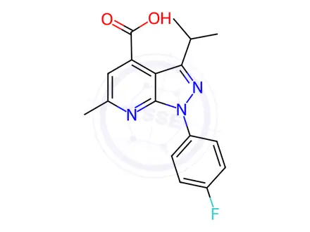 Chemical structure of 1-(4-fluorophenyl)-3-isopropyl-6-methyl-1H-pyrazolo[3,4-b]pyridine-4-carboxylic acid
