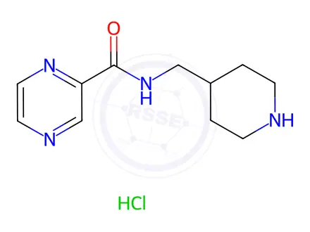Chemical structure of Pyrazine-2-carboxylic acid (piperidin-4-ylMethyl)-aMide hydrochloride, 98+% C11H17ClN4O, MW: 256.73