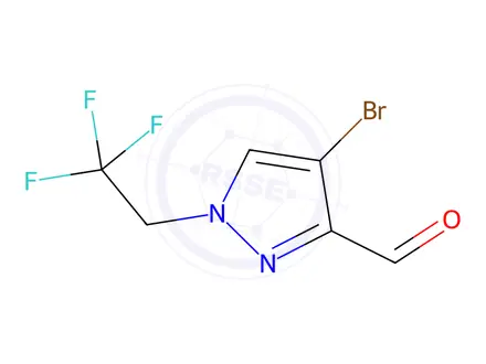 Chemical structure of 4-bromo-1-(2,2,2-trifluoroethyl)-1H-pyrazole-3-carbaldehyde