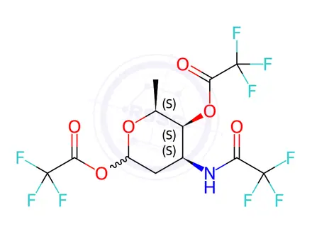 Chemical structure of (4S,5S,6S)-6-methyl-4-(2,2,2-trifluoroacetamido)tetrahydro-2H-pyran-2,5-diyl bis(2,2,2-trifluoroacetate)