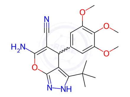 Chemical structure of 6-amino-3-(tert-butyl)-4-(3,4,5-trimethoxyphenyl)-1,4-dihydropyrano[2,3-c]pyrazole-5-carbonitrile