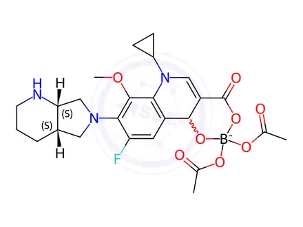 Chemical structure of 2,2-diacetoxy-6-cyclopropyl-9-fluoro-8-((4aS,7aS)-hexahydro-1H-pyrrolo[3,4-b]pyridin-6(2H)-yl)-7-methoxy-4-oxo-4,6-dihydro-2H-[1,3,2]dioxaborinino[5,4-c]quinolin-1-ium-2-uide