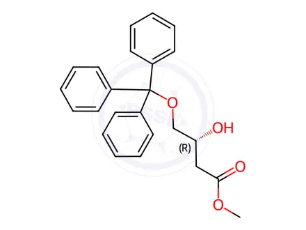 Chemical structure of BUTANOIC ACID, 3-HYDROXY-4-(TRIPHENYLMETHOXY)-, METHYL ESTER, (R)