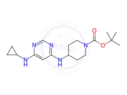 Chemical structure of 4-(6-CyclopropylaMino-pyriMidin-4-ylaMino)-piperidine-1-carboxylic acid tert-butyl ester
