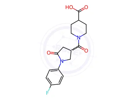 Chemical structure of 1-{[1-(4-Fluorophenyl)-5-oxopyrrolidin-3-yl]carbonyl}piperidine-4-carboxylic acid