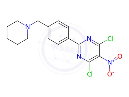 Chemical structure of 4,6-Dichloro-5-nitro-2-[4-(1-piperidinylmethyl)phenyl]pyrimidine
