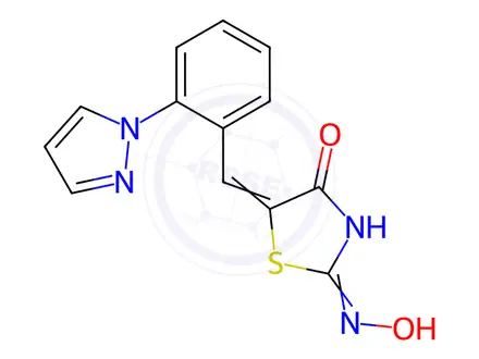 Chemical structure of (5Z)-2-(Hydroxyamino)-5-{[2-(1H-pyrazol-1-yl)phenyl]methylidene}-4,5-dihydro-1,3-thiazol-4-one