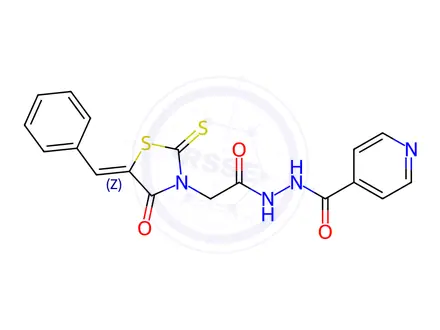 Chemical structure of (Z)-N-(2-(5-benzylidene-4-oxo-2-thioxothiazolidin-3-yl)acetyl)isonicotinohydrazide